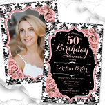 バラ金ゴールドダマスク写真50誕生日 招待状<br><div class="desc">フローラ50歳のエレガント誕生日の招待状とカードの後ろの写真。グラムブラックとピンクのデザインとフェイクグリッターバラ金ゴールド。白黒のダマスクパターン、赤面ピンクのバラ、スクリプトのフォントと紙吹雪。大人スタイリッシュのお祝いパーティーに最適。独自の詳細でパーソナライズどんなカスタマイズ年でもいい！印刷されたZazzle招待状または即時ダウンロードのデジタル印刷可能なテンプレート。</div>