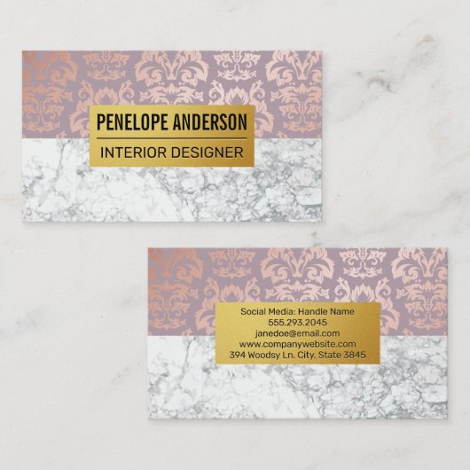 バラ金ゴールドダマスク金属パターン |白大理石 名刺 (正面/裏面)