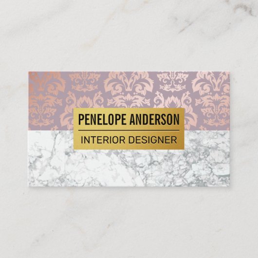 バラ金ゴールドダマスク金属パターン |白大理石 名刺 (正面)