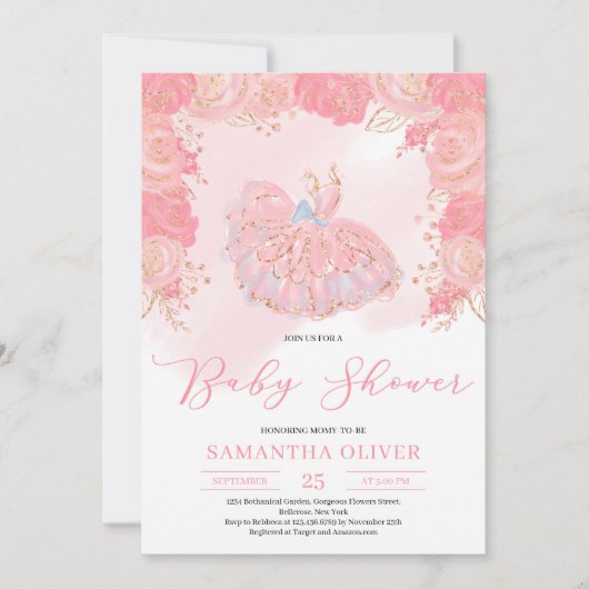 バラ金ゴールドチュトゥドレス赤面フローラベビーシャワー 招待状 (正面)