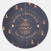 バラ金ゴールドツリーデコールオンネイビーブルーメリークリスマス ラウンドシール (正面)