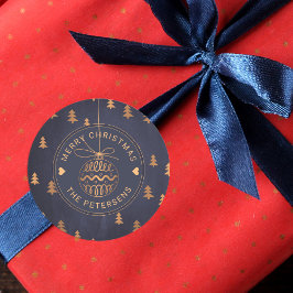バラ金ゴールドツリーデコールオンネイビーブルーメリークリスマス ラウンドシール
