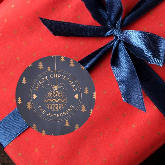 バラ金ゴールドツリーデコールオンネイビーブルーメリークリスマス ラウンドシール