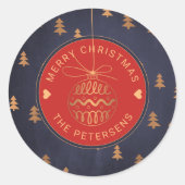 バラ金ゴールドツリーデコールオンネイビーレッドメリークリスマス ラウンドシール (正面)