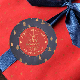 バラ金ゴールドツリーデコールオンネイビーレッドメリークリスマス ラウンドシール