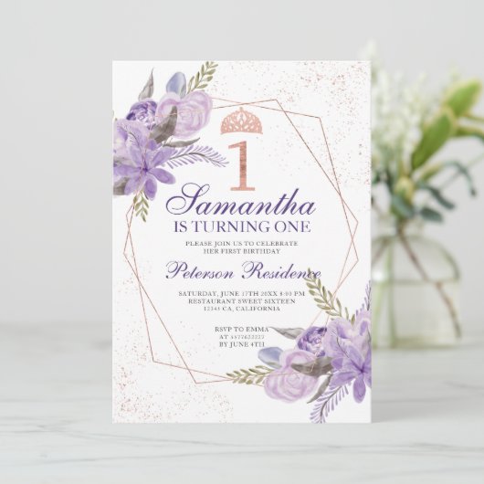 バラ金ゴールドティアラフローラ水彩1歳の誕生日 招待状 (スタンド正面)