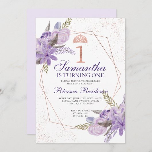 バラ金ゴールドティアラフローラ水彩1歳の誕生日 招待状 (正面/裏面)