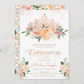 バラ金ゴールドティアラ&赤面ピンク花模様キンセアニェラ 招待状 (正面/裏面)