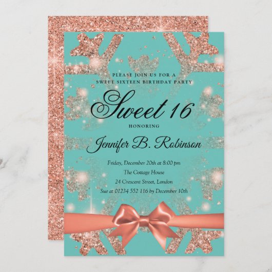 バラ金ゴールドティール(緑がかった色)グリッター&リボンウィンタースウィート16 招待状 (正面/裏面)