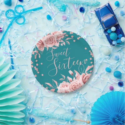 バラ金ゴールドティール(緑がかった色)スウィート16グリッター紙吹雪フローラ ペーパープレート (パーティー)