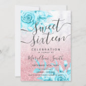 バラ金ゴールドティール（緑がかった色）マーブルフローラグリッタースイート16  招待状 (正面)