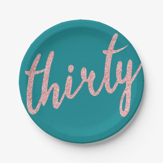 バラ金ゴールドティール（緑がかった色）30誕生日パーティーグリッター"Thirty" ペーパープレート (正面)