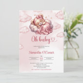 バラ金ゴールドテディベアああ赤ちゃん女の子ベビーシャワー 招待状 (スタンド正面)