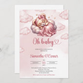 バラ金ゴールドテディベアああ赤ちゃん女の子ベビーシャワー 招待状 (正面/裏面)