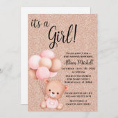 バラ金ゴールドテディベア赤ちゃんシャワー 招待状 (正面/裏面)