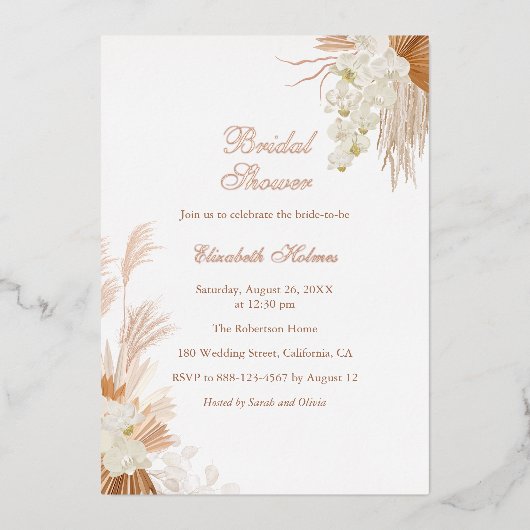 バラ金ゴールドテラコッタパンパスグラスブライダルシャワー 箔招待状 (正面)