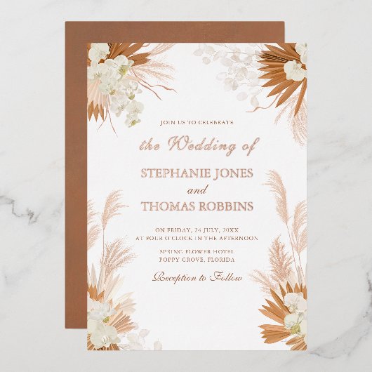 バラ金ゴールドテラコッタパンパスグラス結婚オーキッド 箔招待状 (正面/裏面)