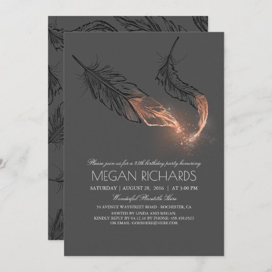 バラ金ゴールドディップフェザーズグリッター誕生パーティー 招待状 (正面/裏面)