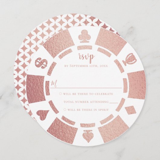 バラ金ゴールドトランプのポーカーチップカジノウェディングRSVPカード 招待状 (正面/裏面)