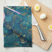 バラ金ゴールドトンフライオンターコイズフローラ背景 キッチンタオル (四つ折り)