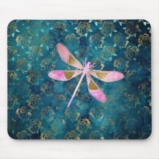 バラ金ゴールドトンフライオンターコイズフローラ背景 マウスパッド (正面)