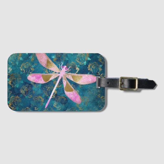バラ金ゴールドトンフライオンターコイズフローラ背景 ラゲッジタグ (正面横)