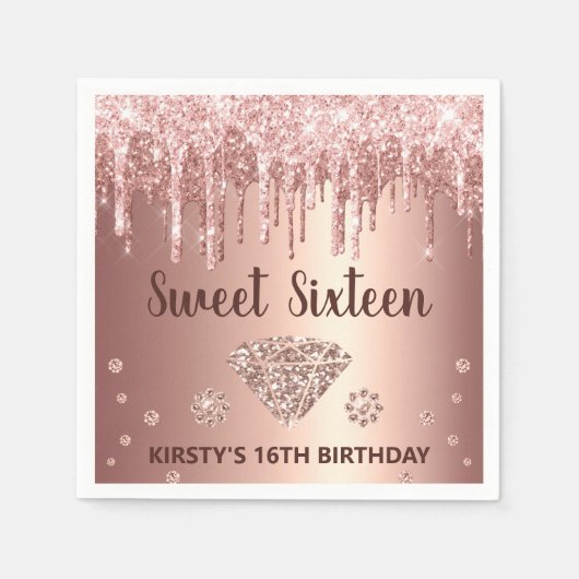 バラ金ゴールドドリッピンググリッター&ダイヤモンドスイート16 スタンダードカクテルナプキン (正面)