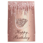 バラ金ゴールドドリッピンググリッター&ダイヤモンド誕生日 ミディアムペーパーバッグ (裏面)