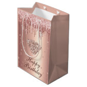 バラ金ゴールドドリッピンググリッター&ダイヤモンド誕生日 ミディアムペーパーバッグ (裏面アングル)