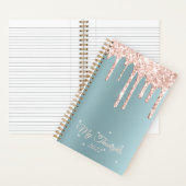 バラ金ゴールドドリップグリッターティール（緑がかった色）カスタム文字日記 ノートブック (内側)