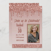 バラ金ゴールドドリップグリッター誕生日パーティー 招待状 (正面/裏面)