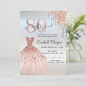 バラ金ゴールドドリップスドレスシルバー80誕生日 招待状 (スタンド正面)