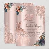 バラ金ゴールドドリップスドレスムーディフラワーズ25誕生日 招待状 (正面/裏面)