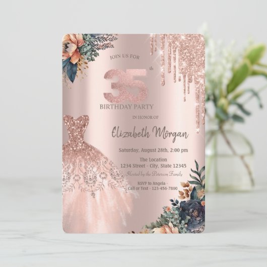 バラ金ゴールドドリップスドレスムーディフラワーズ35誕生日 招待状 (スタンド正面)