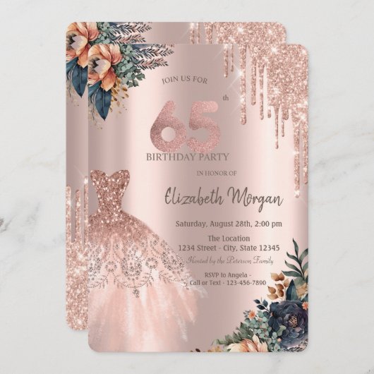 バラ金ゴールドドリップスドレスムーディフラワーズ65誕生日 招待状 (正面/裏面)