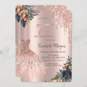 バラ金ゴールドドリップスドレスムーディフラワーズ75誕生日 招待状 (正面/裏面)