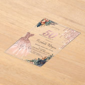 バラ金ゴールドドリップドレスムーディフラワーズ50誕生日 アクリル招待状 (レイダウン)