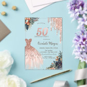 バラ金ゴールドドリップドレスムーディフラワーズ50誕生日 アクリル招待状 (インサイチュ (ウェディング))