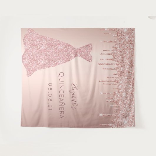 バラ金ゴールドドリップピンクのドレスキンセアニェラ タペストリー (正面(横))