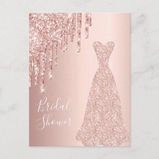 バラ金ゴールドドレスグリッターブライダルシャワー招待 ポストカード (正面)