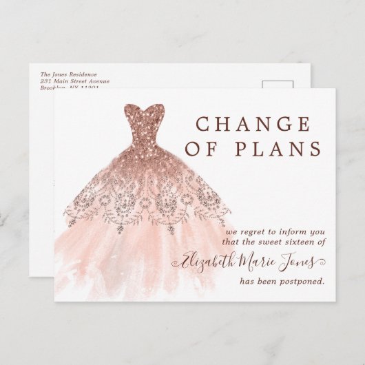 バラ金ゴールドドレススウィート16誕生日プランの変更 案内ポストカード (正面/裏面)
