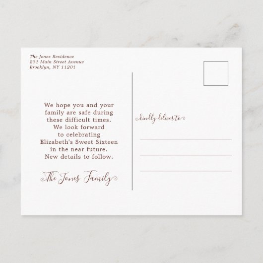 バラ金ゴールドドレススウィート16誕生日プランの変更 案内ポストカード (裏面)