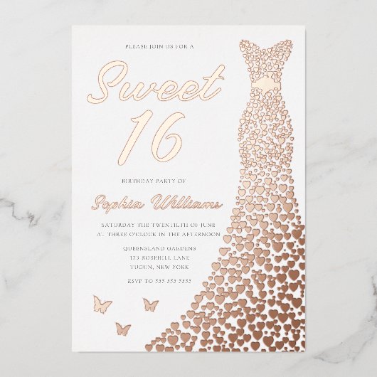 バラ金ゴールドドレススウィート16 16th誕生日 箔招待状 (正面)