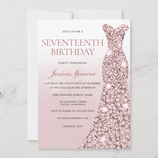 バラ金ゴールドドレスピンクガールズ17thバースデーパーティー 招待状 (正面)