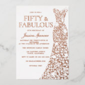 バラ金ゴールドドレスフィフティ&素晴らしい50誕生日 箔招待状 (正面)