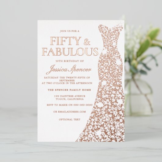 バラ金ゴールドドレスフィフティ&素晴らしい50誕生日 箔招待状 (立ち正面)