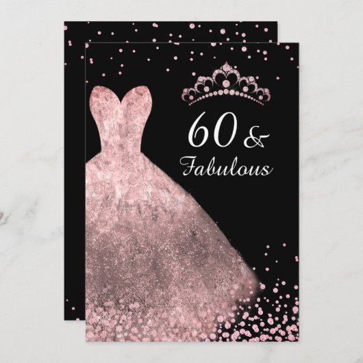 バラ金ゴールドドレスブラック60と素晴らしい60th誕生日 招待状 (正面/裏面)