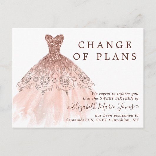 バラ金ゴールドドレス甘い16誕生日日付の変更 案内ポストカード (正面)