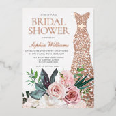 バラ金ゴールドドレス赤面ピンクフローラブライダルシャワー 箔招待状 (正面)