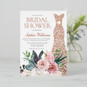 バラ金ゴールドドレス赤面ピンクフローラブライダルシャワー 箔招待状 (立ち正面)